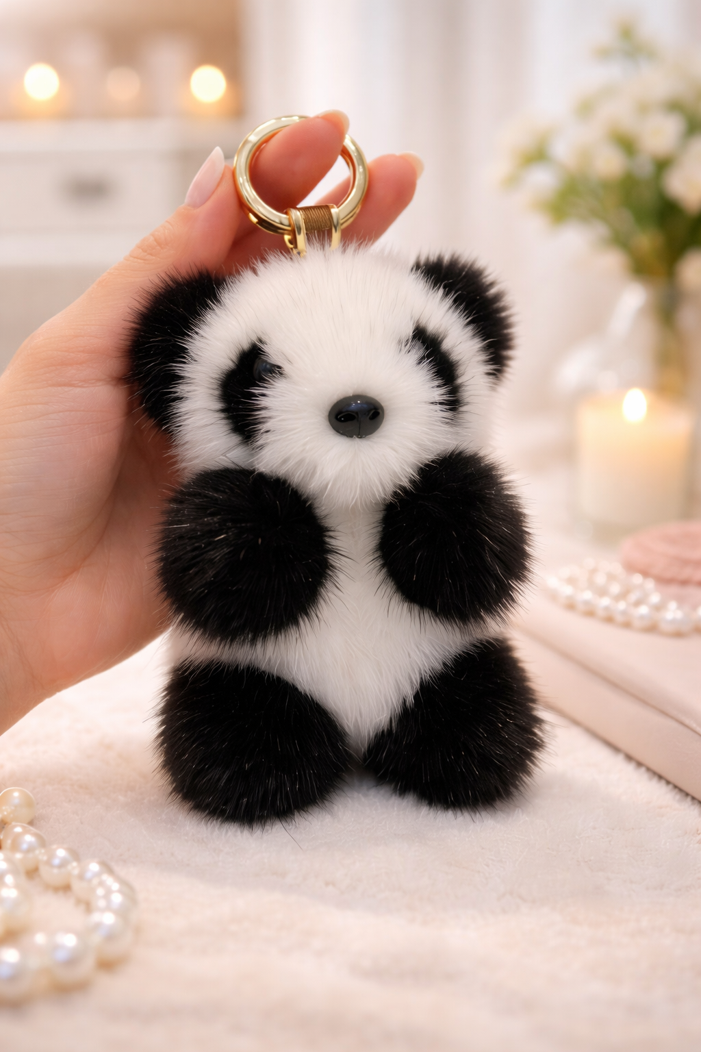 Fluffy Panda Keychain – Cute Bag & Key Charm